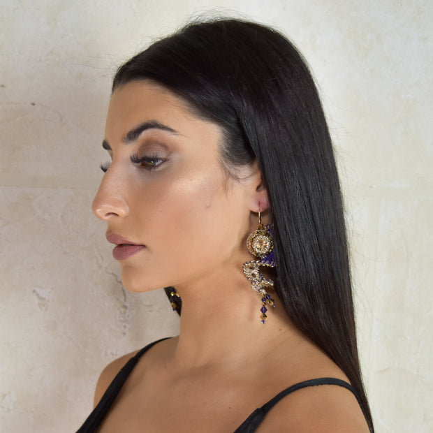 Dahlia Long Earrings Purple & Gold
