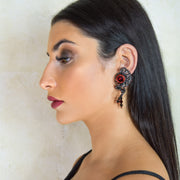 Dahlia Stud Earrings Dark Silver/Red