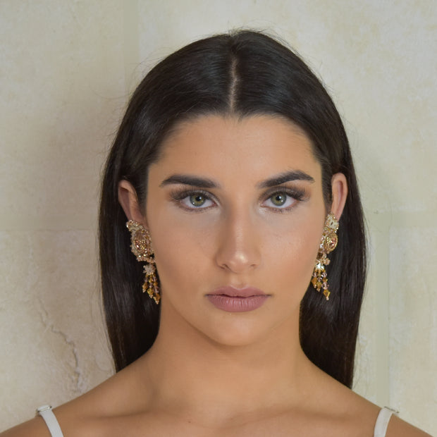 Dahlia Stud Earrings Gold & Crystal Rose